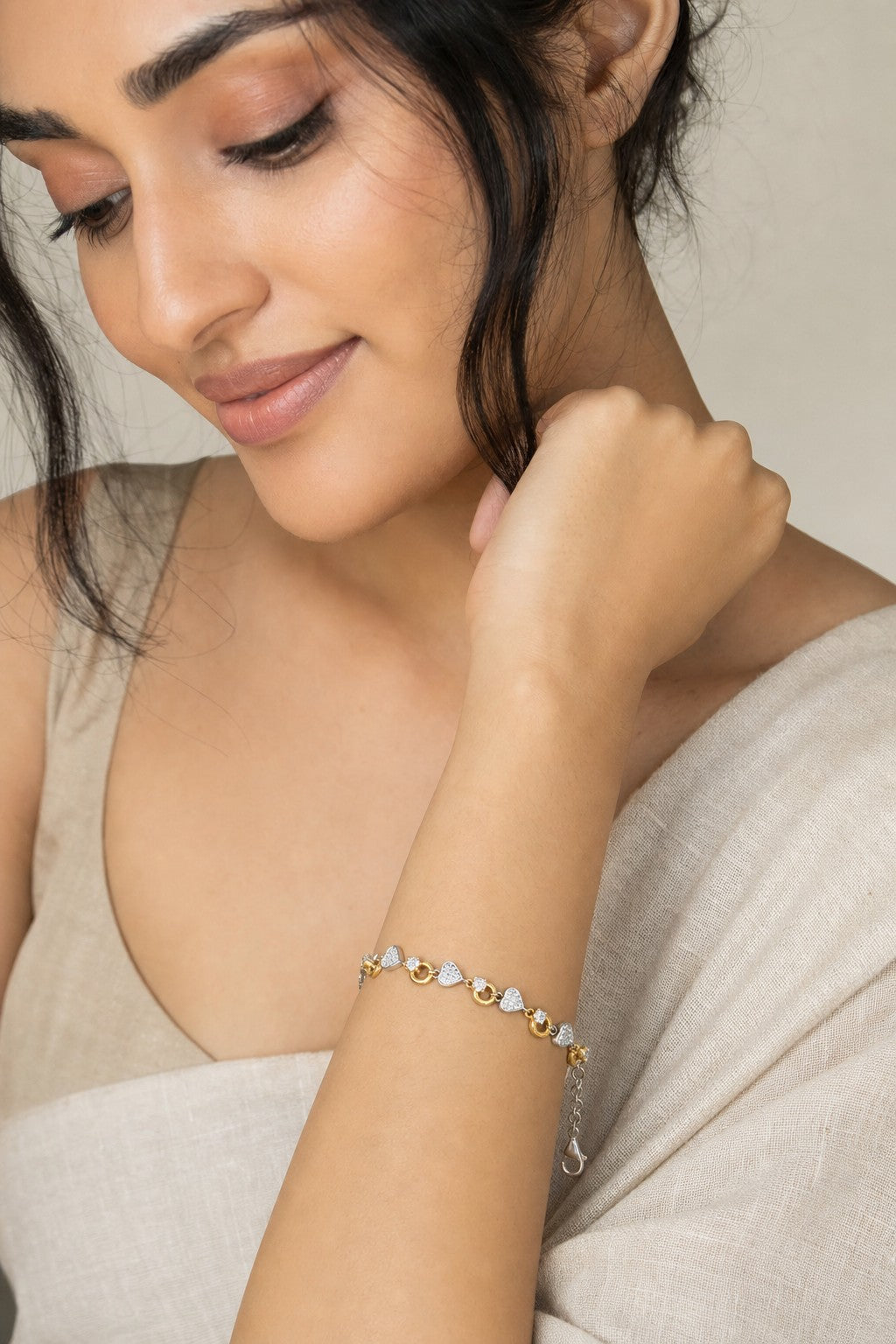 Two-Tone Heart & Circle CZ Bracelet - 1666_model
