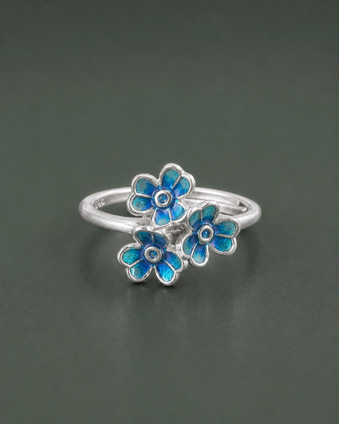 Blue Enamel Trio Flower Adjustable Ring for Women