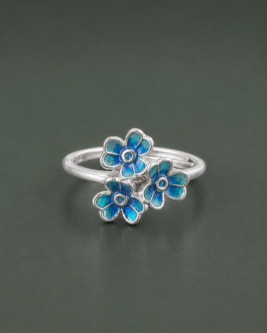 925 sterling silver blue enamel trio flower adjustable ring for women