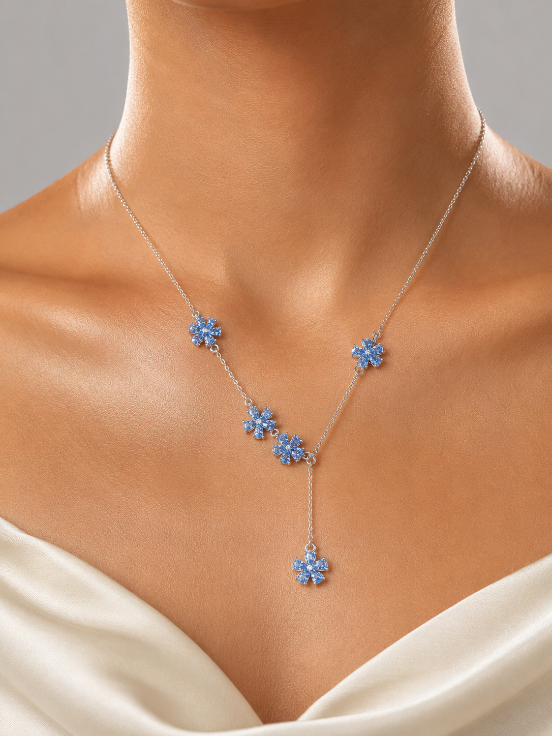 925 Sterling Silver Blue Flower CZ Y-Lariat Necklace