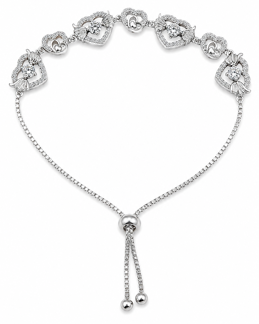 Silver bracelet with heart-shaped charms on a white background