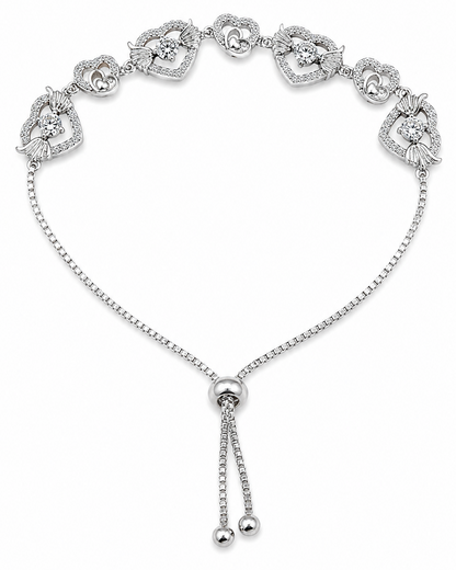 Silver bracelet with heart-shaped charms on a white background