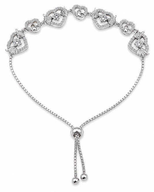 Silver bracelet with heart-shaped charms on a white background