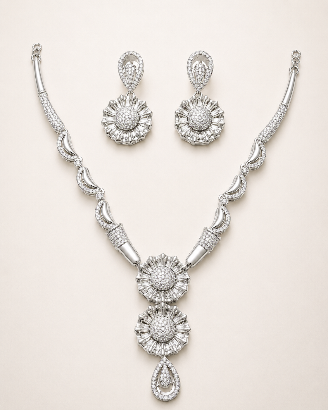 Sunburst Floral Necklace & Earring Set with Pavé CZ