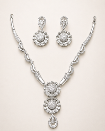 Sunburst Floral Necklace & Earring Set with Pavé CZ