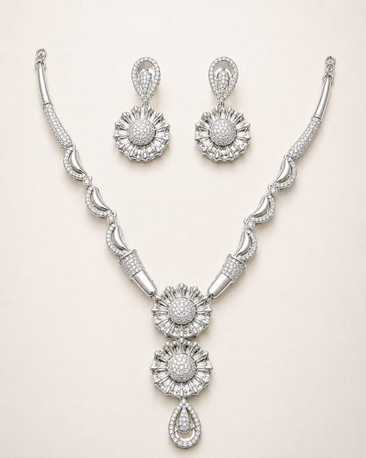 Sunburst Floral Necklace & Earring Set with Pavé CZ