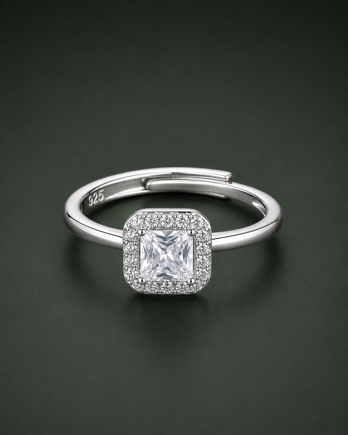 Princess Cut Halo Solitaire Adjustable Ring for Women | CZ Engagement Promise Ring