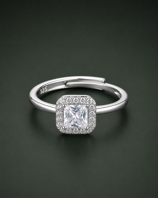 Princess Cut Halo Solitaire Adjustable Ring for Women | CZ Engagement Promise Ring