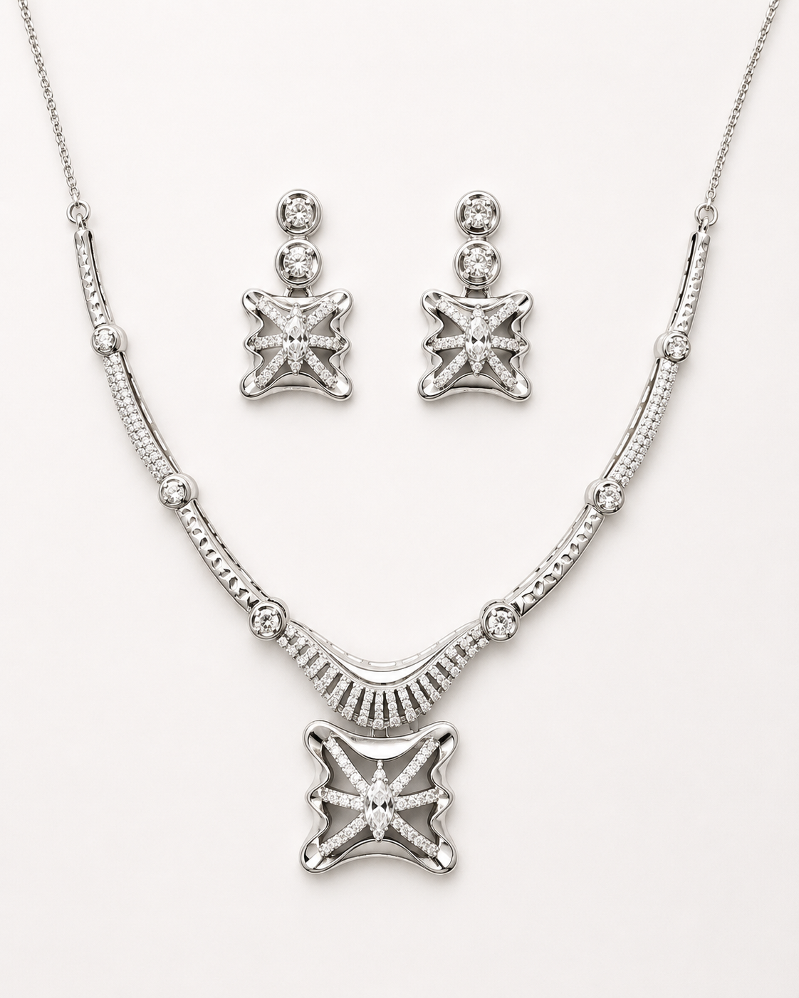 CZ Diamond Butterfly Pendant Necklace & Earrings Set