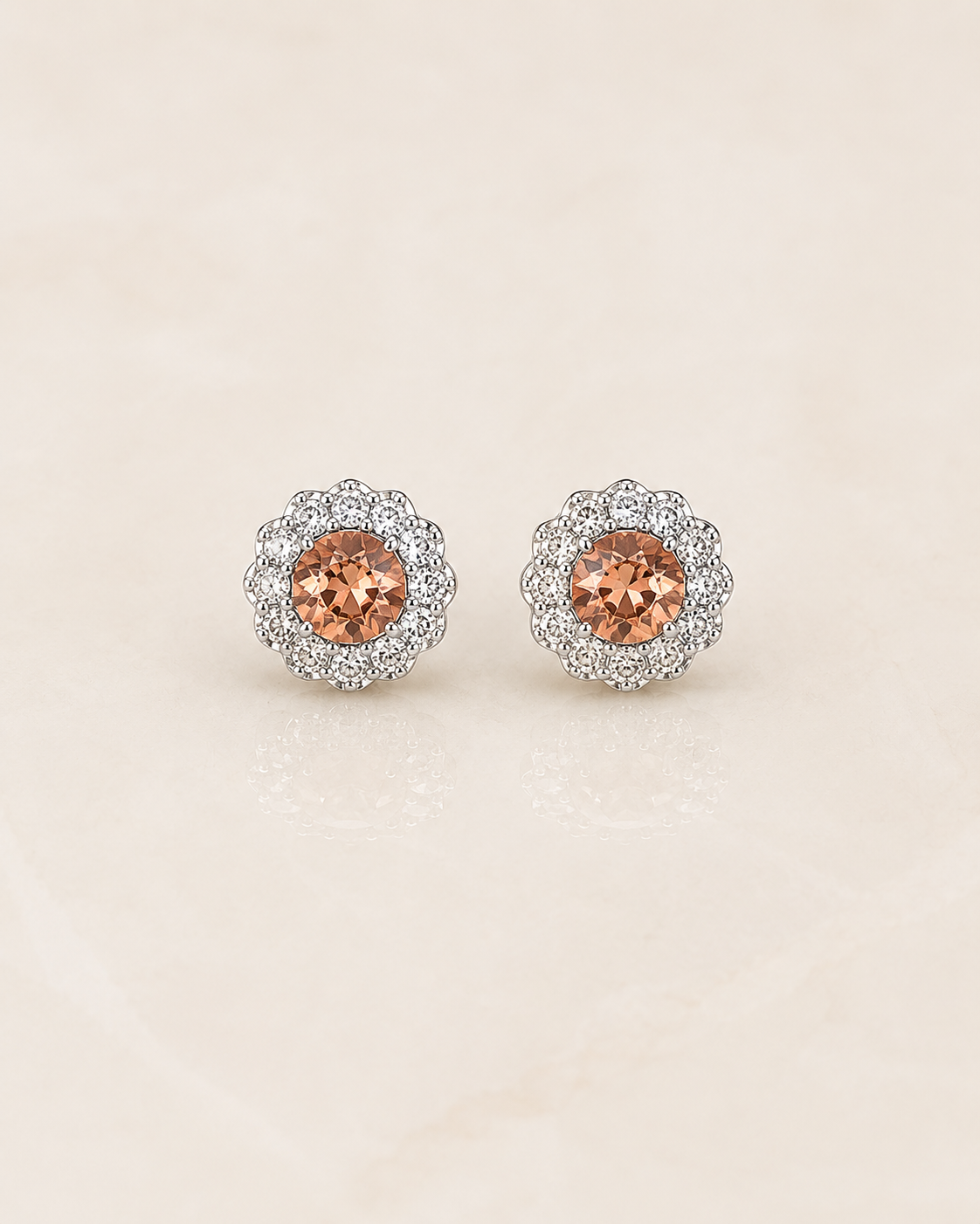 Peach Topaz CZ Halo Stud Earrings
