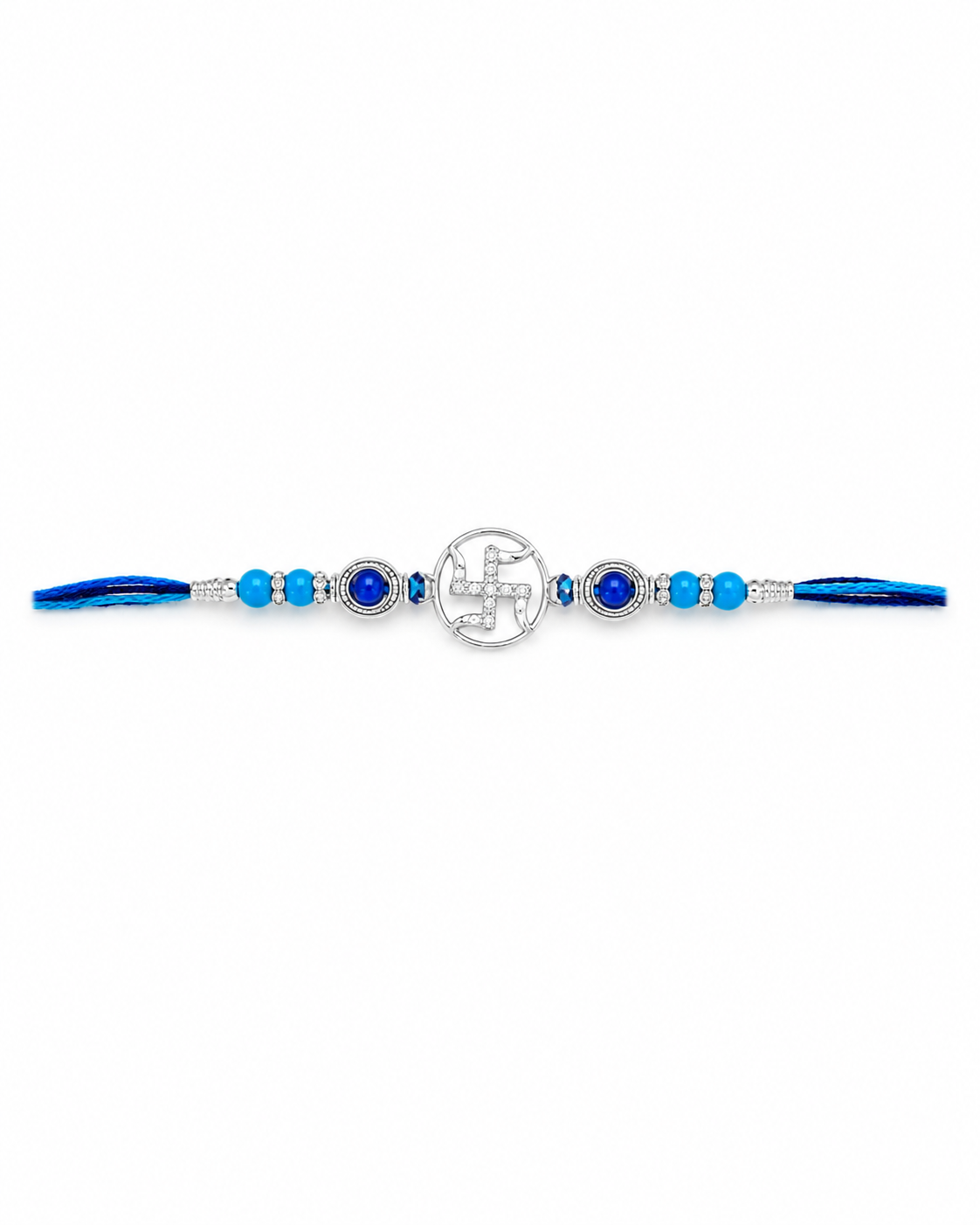 925 Sterling Silver Swastik Rakhi with Blue Sapphire & Turquoise Beads