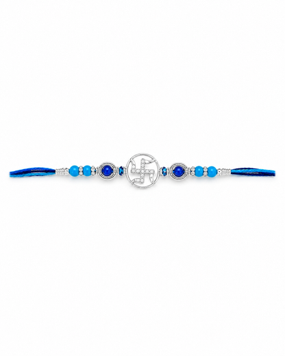 925 Sterling Silver Swastik Rakhi with Blue Sapphire & Turquoise Beads