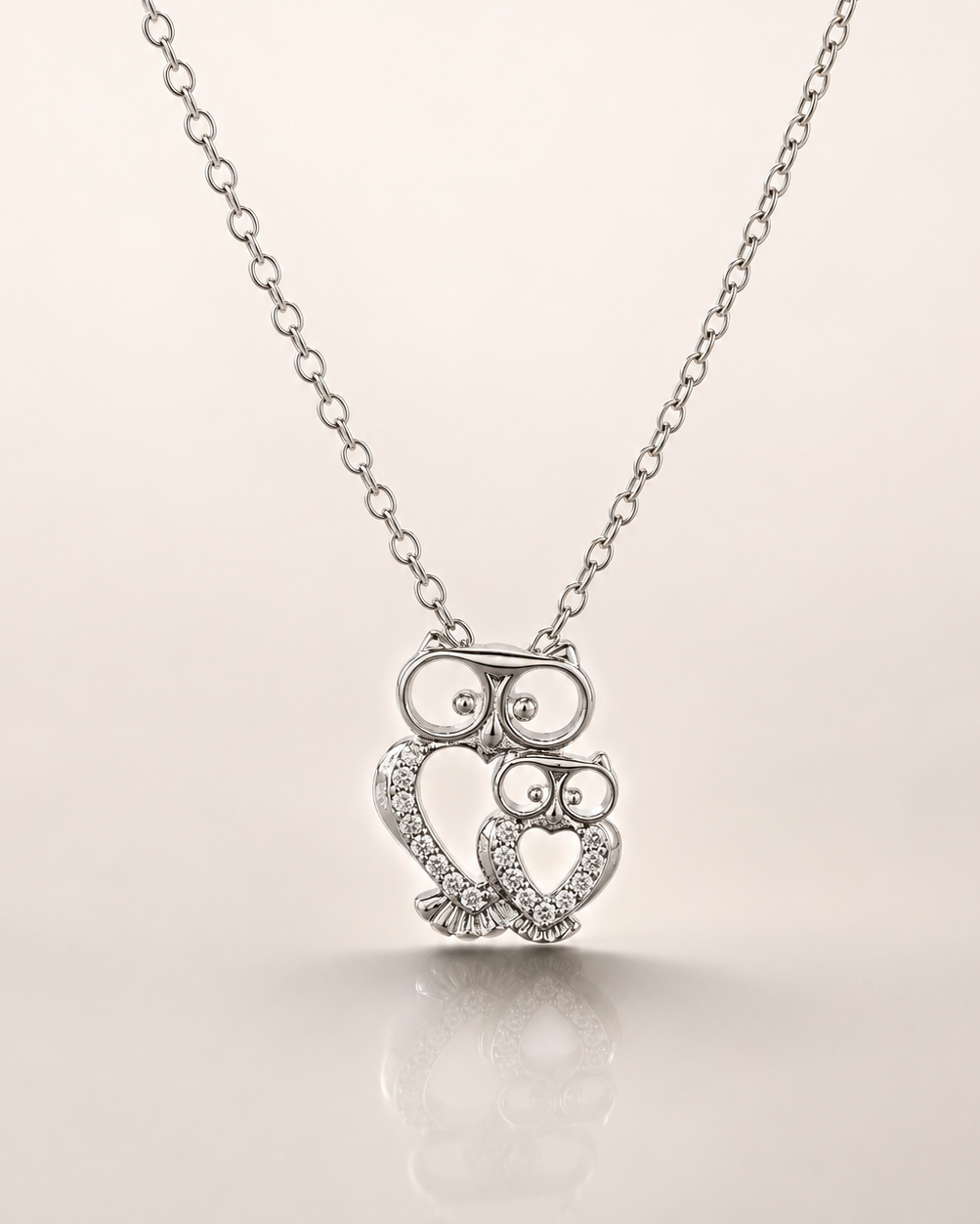 Owl Chain Pendant – Mother & Baby Owl Design with Heart Detailing