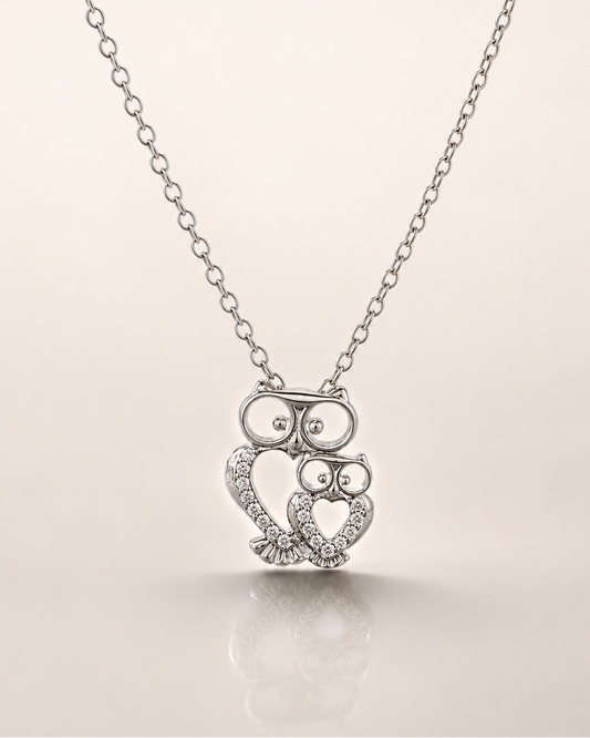 Owl Chain Pendant – Mother & Baby Owl Design with Heart Detailing