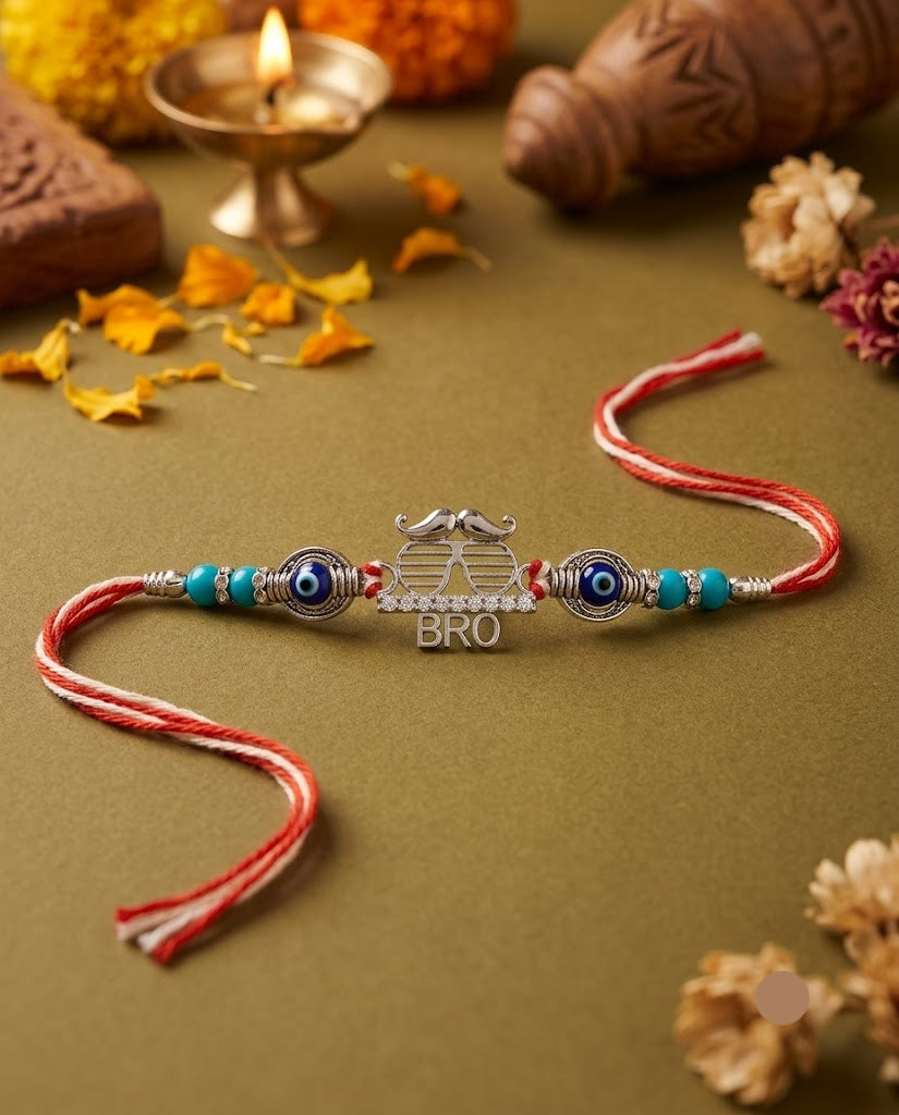 A traditional Indian Rakhi bracelet with a silver-toned central charm engraved with 'BRO' and surrounded by turquoise and blue evil eye beads, laid out on a textured olive green surface with festive decorative props.