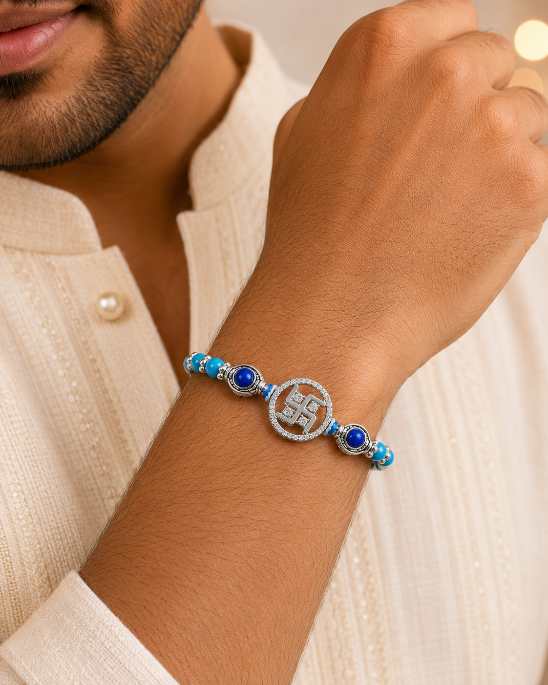 925 Sterling Silver CZ Pavé Auspicious Swastik Charm Rakhi