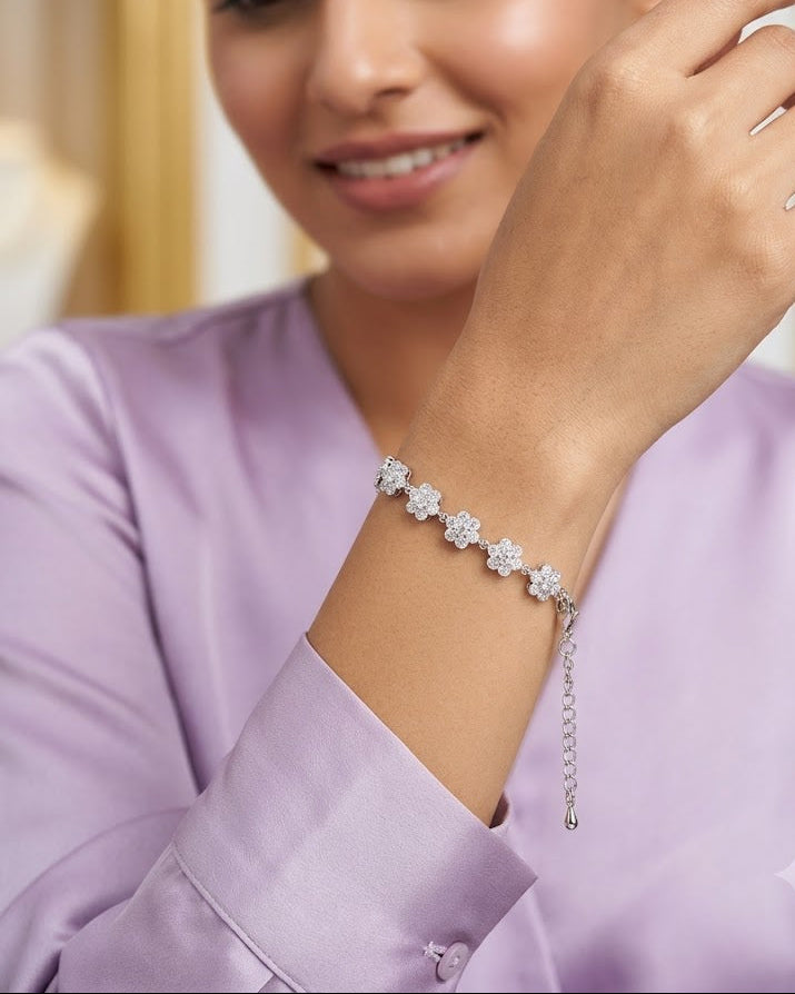 Five Flower Pavé CZ Sterling Silver Bracelet