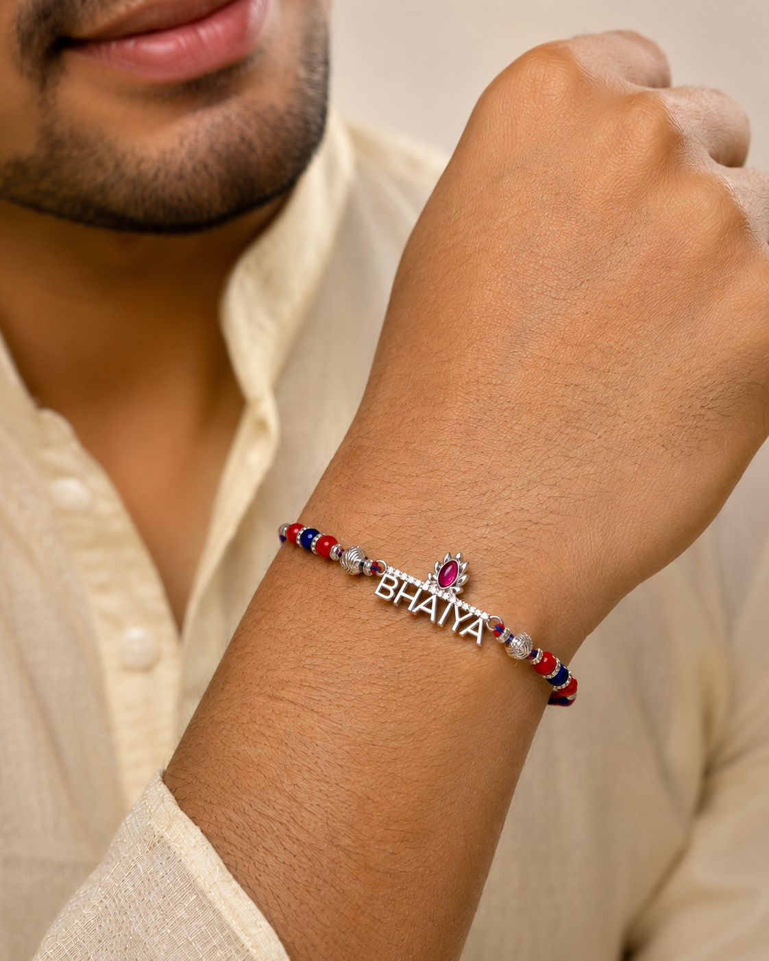 925 Sterling Silver 'BHAIYA' Lotus Stone Rakhi