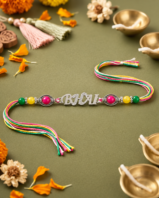 A colorful braided Rakhi with a silver 'Bhai' nameplate, pink and yellow beads, and tassel ends, displayed on an olive green background with festive props like marigold flowers, diya lamps, and tins.