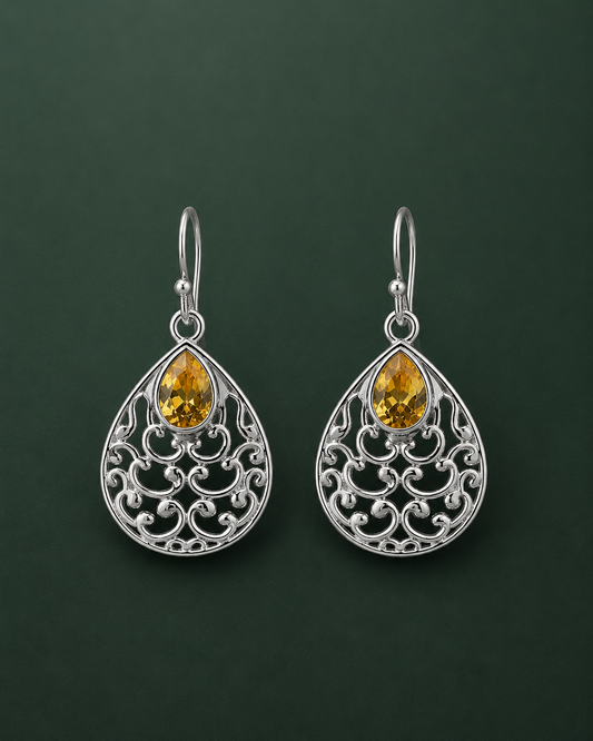 Golden Glow Silver Filigree Drop Earrings