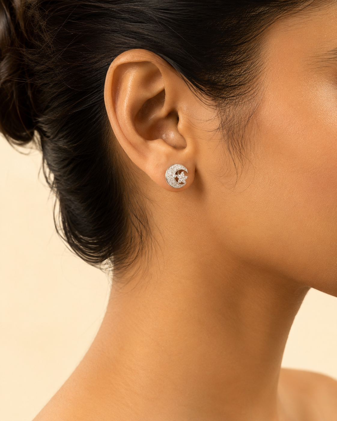 Crescent Moon and Star CZ Stud Earrings