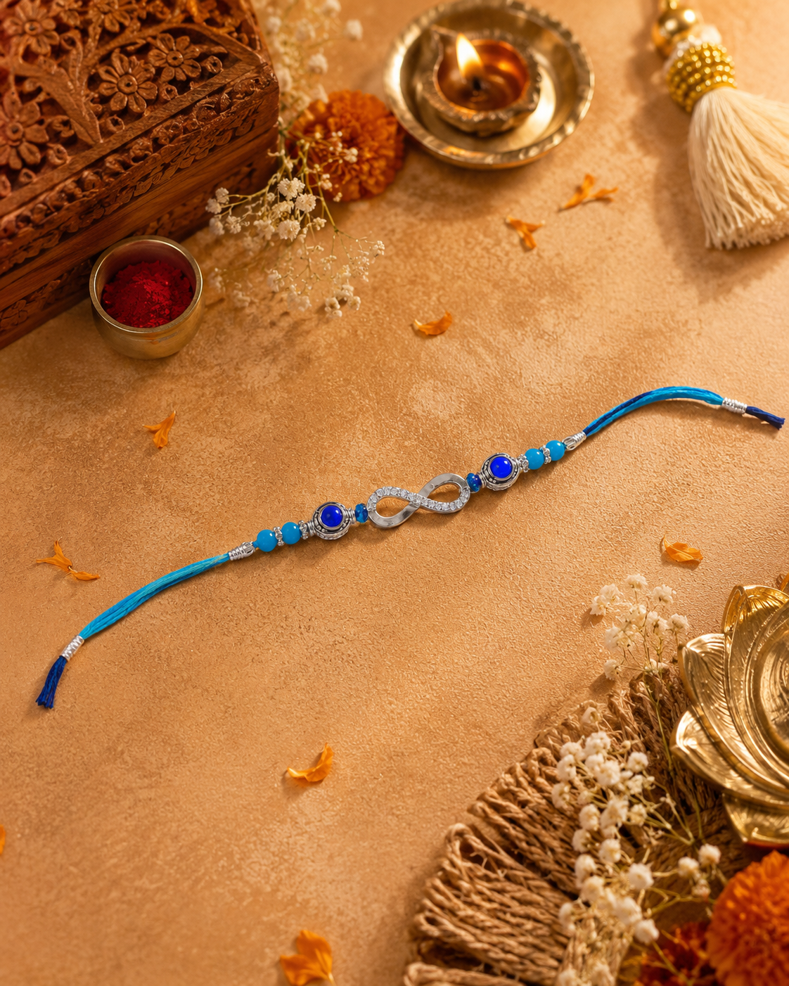 Decorative blue and silver rakhi on a brown surface with decorative elements