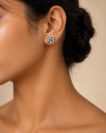 Black Enamel Square CZ Stud Earrings for Women