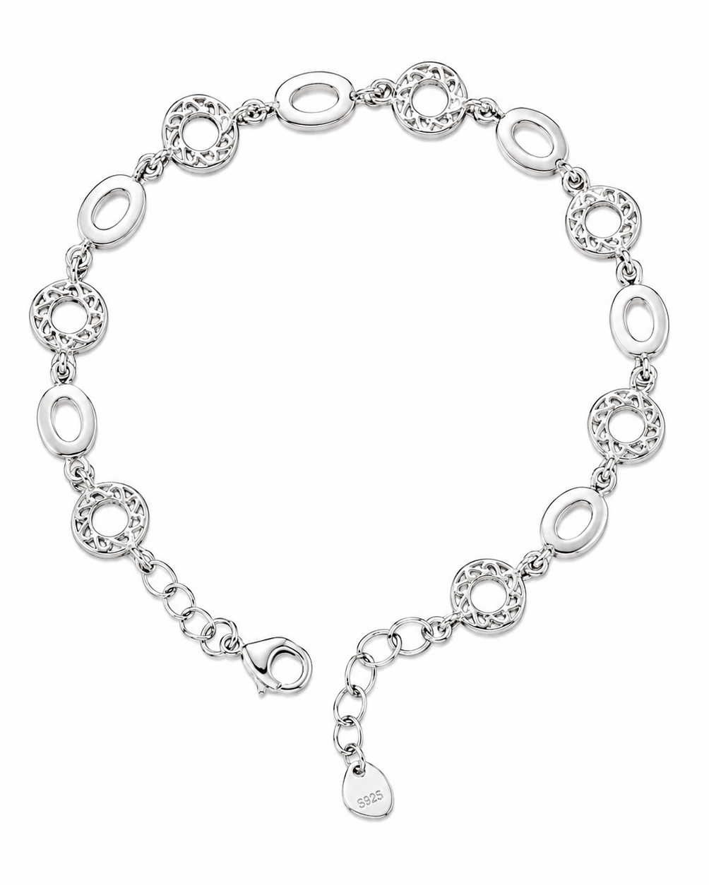 Silver bracelet with interlocking loops on a white background