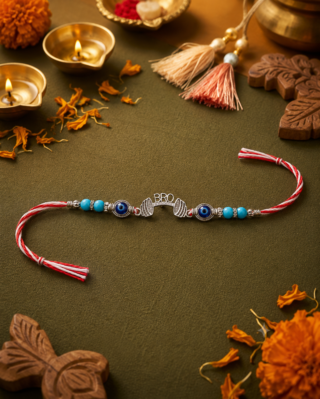 A silver-toned Hindu Rakhi beaded wristband with blue evil eye beads and red-and-white twisted tassel ends, displayed on a dark olive green surface surrounded by festive props including lit diya lamps, marigold flowers, and carved wooden ornaments.