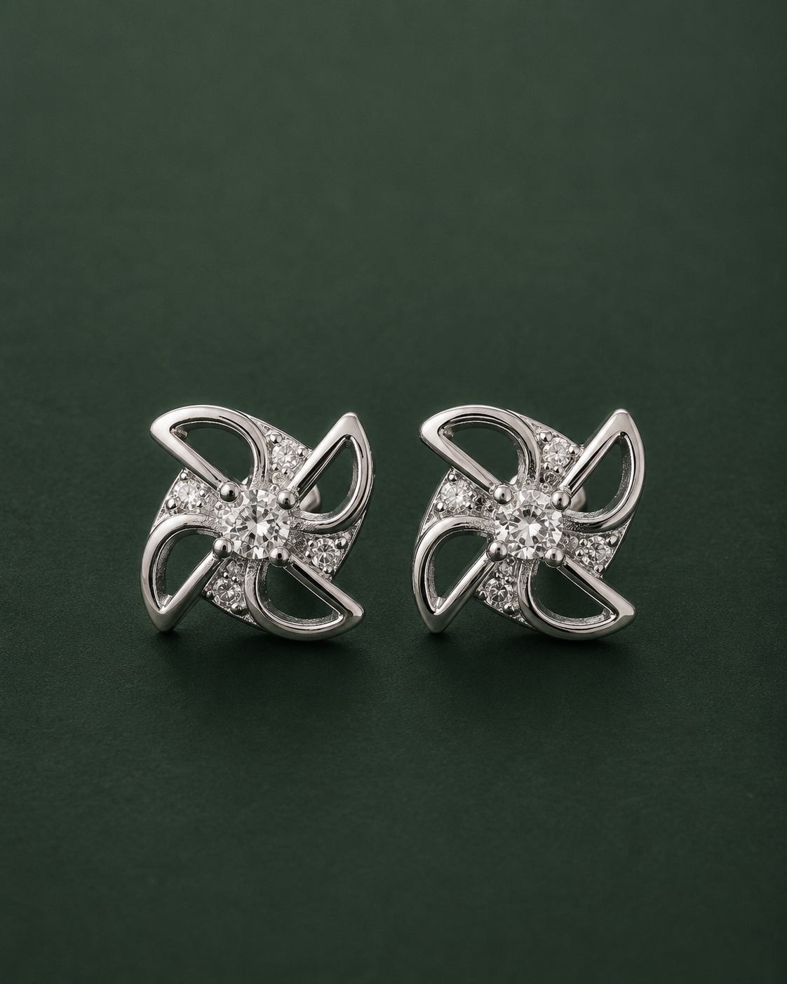 CZ Pinwheel Windmill Floral Stud Earrings for Women