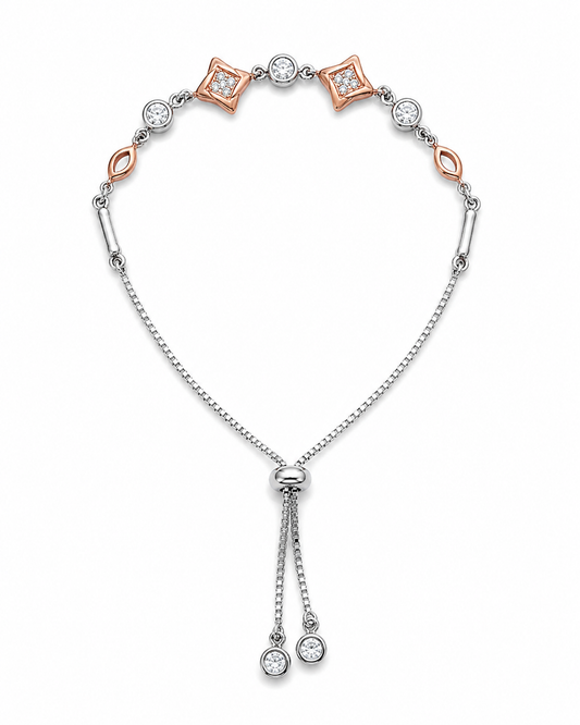 Silver necklace with rose gold accents on a white background
