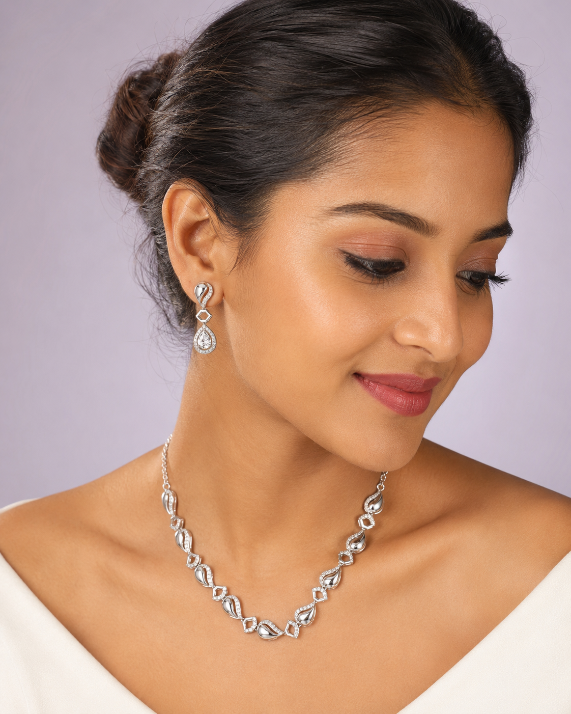 925 silver CZ teardrop link necklace and earrings set for women, wedding jewellery