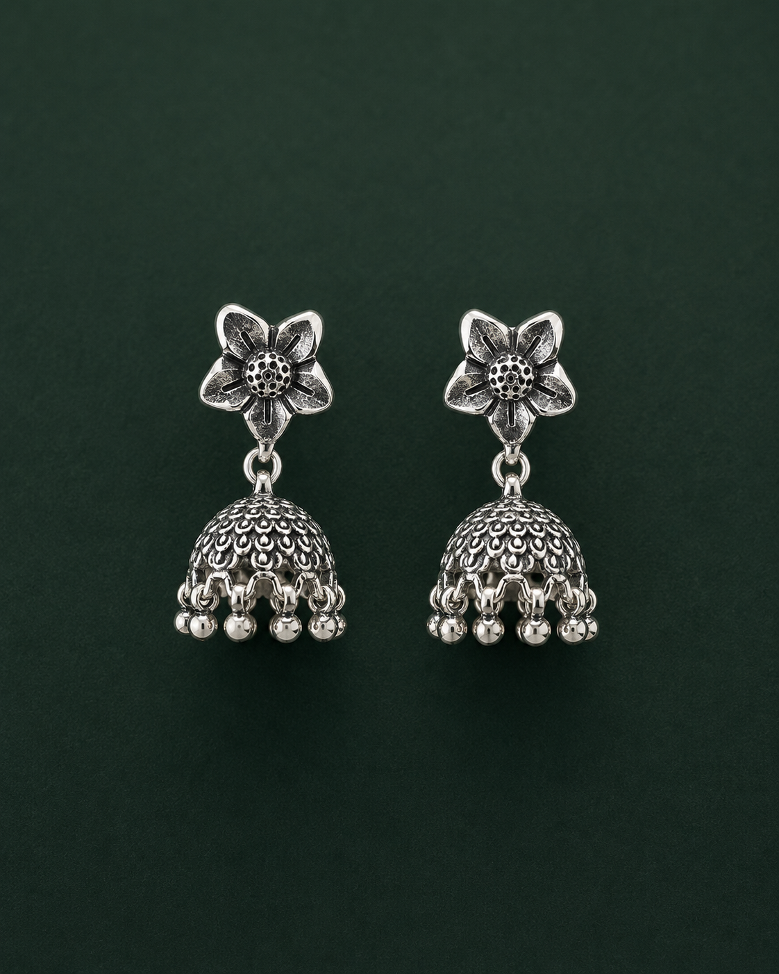 Midnight Blossom Silver Jhumka Oxidised Earrings