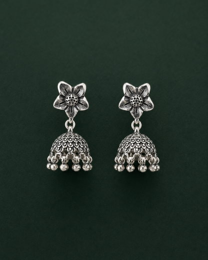 Midnight Blossom Silver Jhumka Oxidised Earrings
