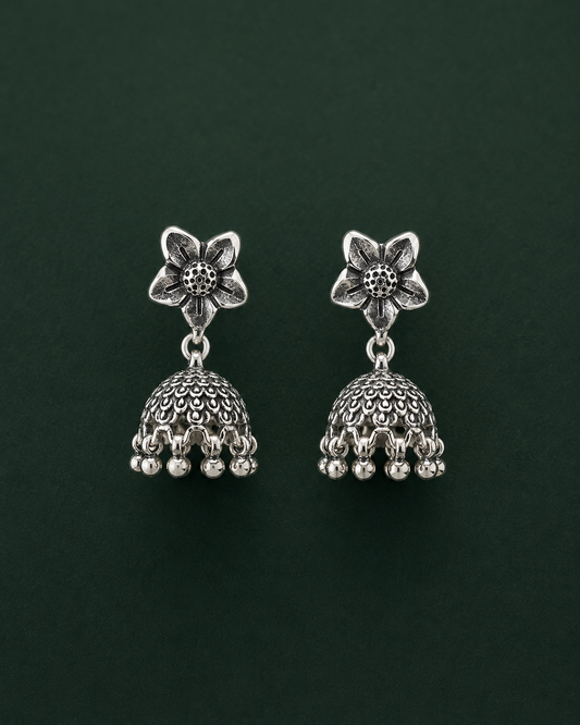 Midnight Blossom Silver Jhumka Oxidised Earrings