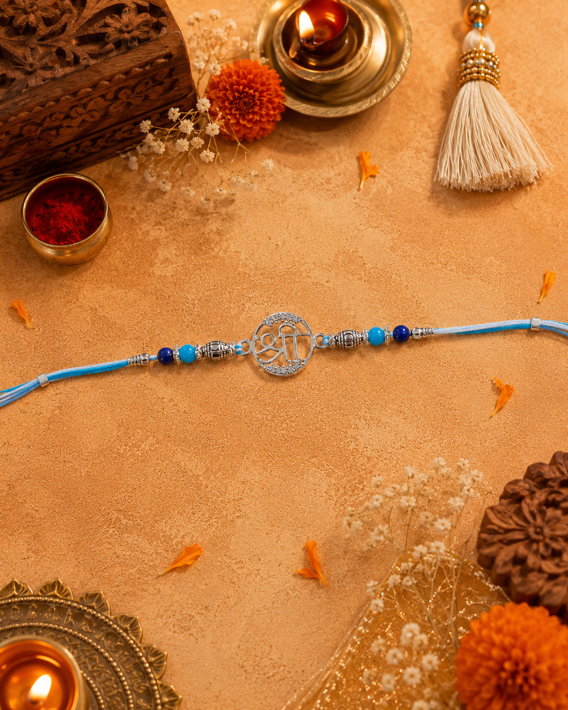 Decorative blue and silver bracelet on a textured surface with candles and flowers.