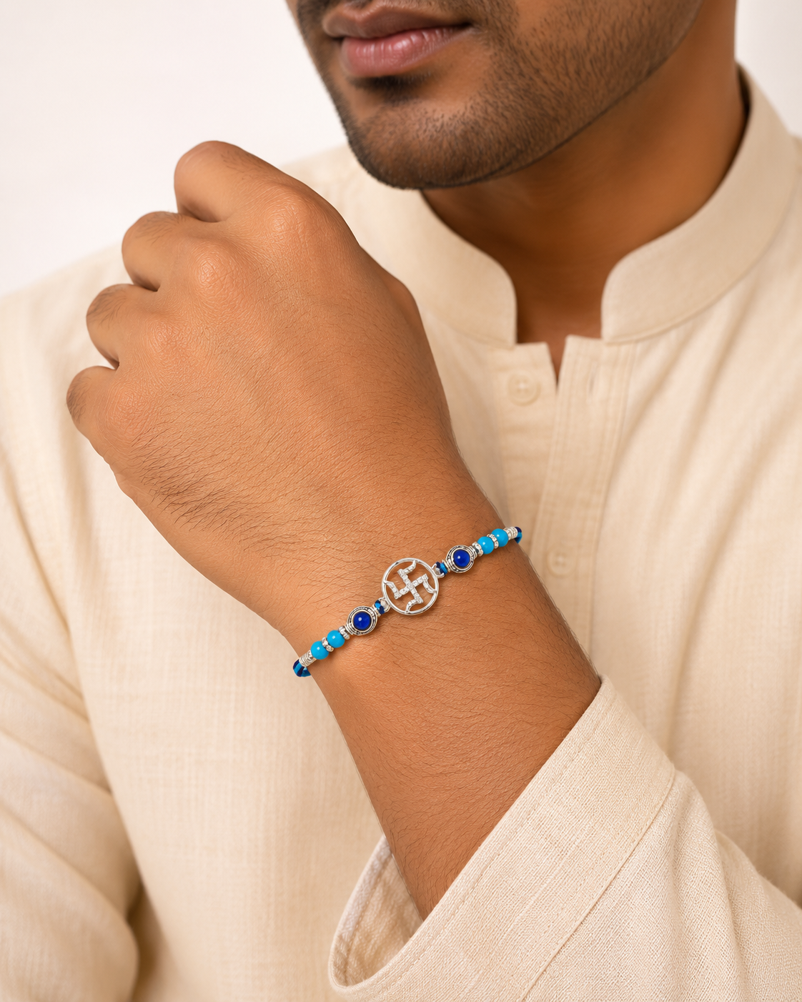 925 Sterling Silver Swastik Rakhi with Blue Sapphire & Turquoise Beads