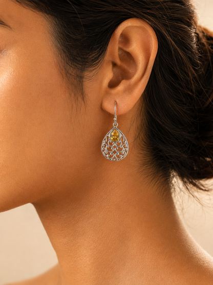 Golden Glow Silver Filigree Drop Earrings