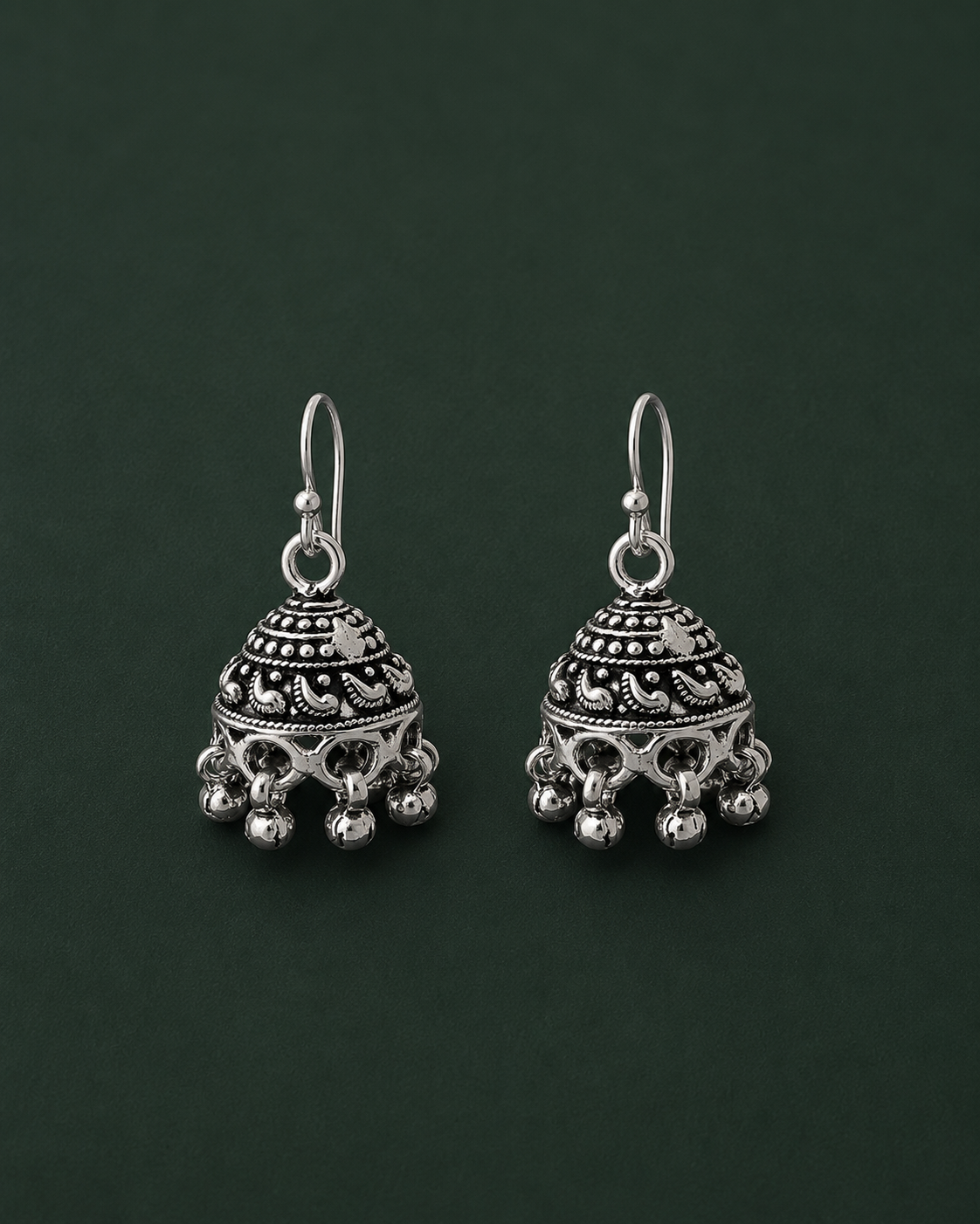 Engraved Dome Jhumkas with Hanging Bead Clusters