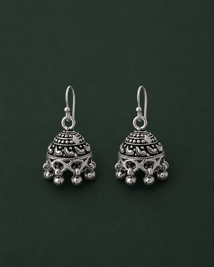 Engraved Dome Jhumkas with Hanging Bead Clusters