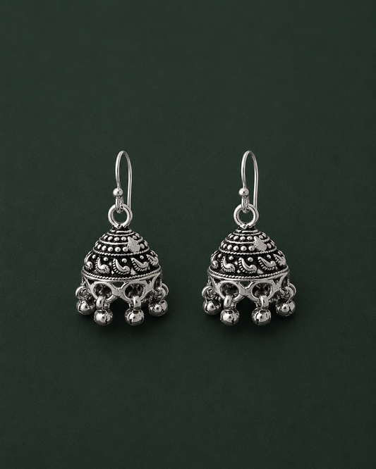 Engraved Dome Jhumkas with Hanging Bead Clusters