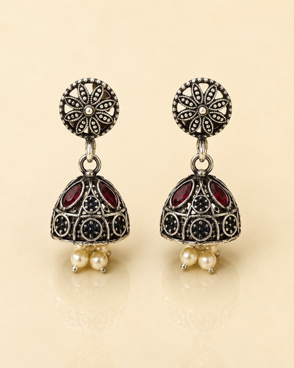 Oxidised Ruby Red Stone and Pearl Jhumka Earrings for Women