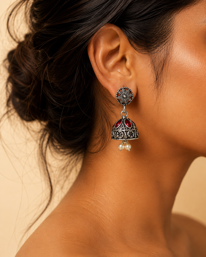 Oxidised Ruby Red Stone and Pearl Jhumka Earrings for Women