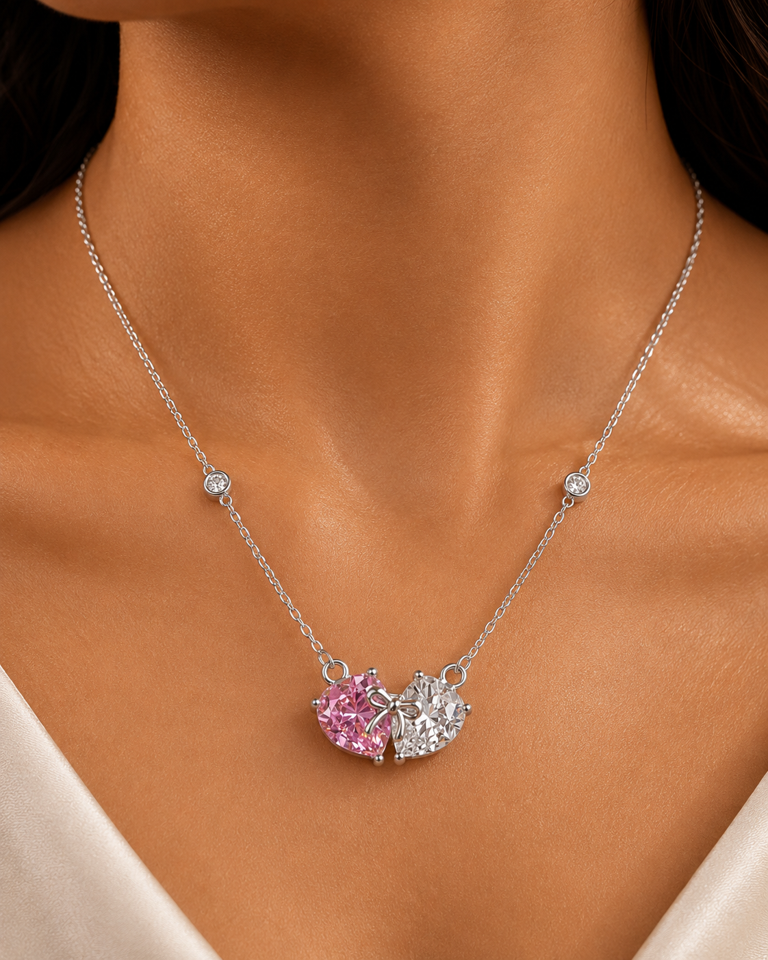 The Tied Hearts Pendant – Pink & White CZ Bow Necklac