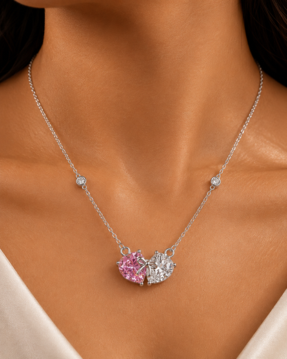 The Tied Hearts Pendant – Pink & White CZ Bow Necklac