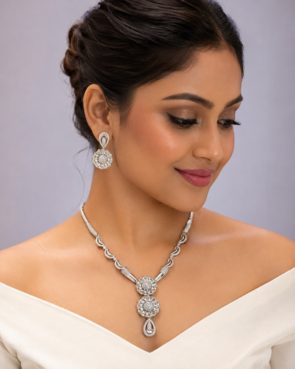Sunburst Floral Necklace & Earring Set with Pavé CZ