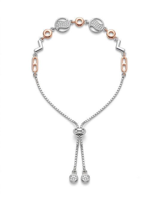 Silver and rose gold bracelet with heart-shaped charms on a white background