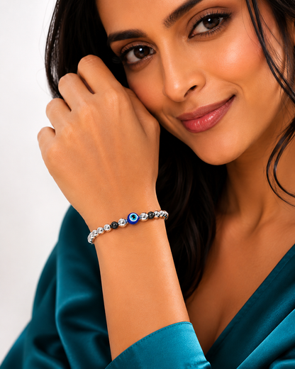Evil Eye Silver Beaded Adjustable Bracelet | Nazar Protection Bracelet with Crystal Tassel for Women