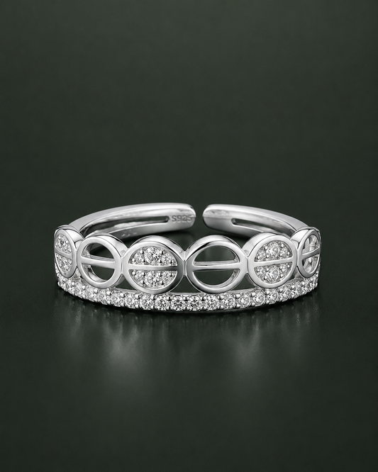 925 sterling silver geometric circle pave CZ band adjustable ring