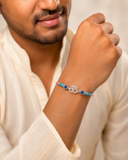 925 Sterling Silver Om Symbol Rakhi | CZ Pavé Om Charm Rakhi for Brother